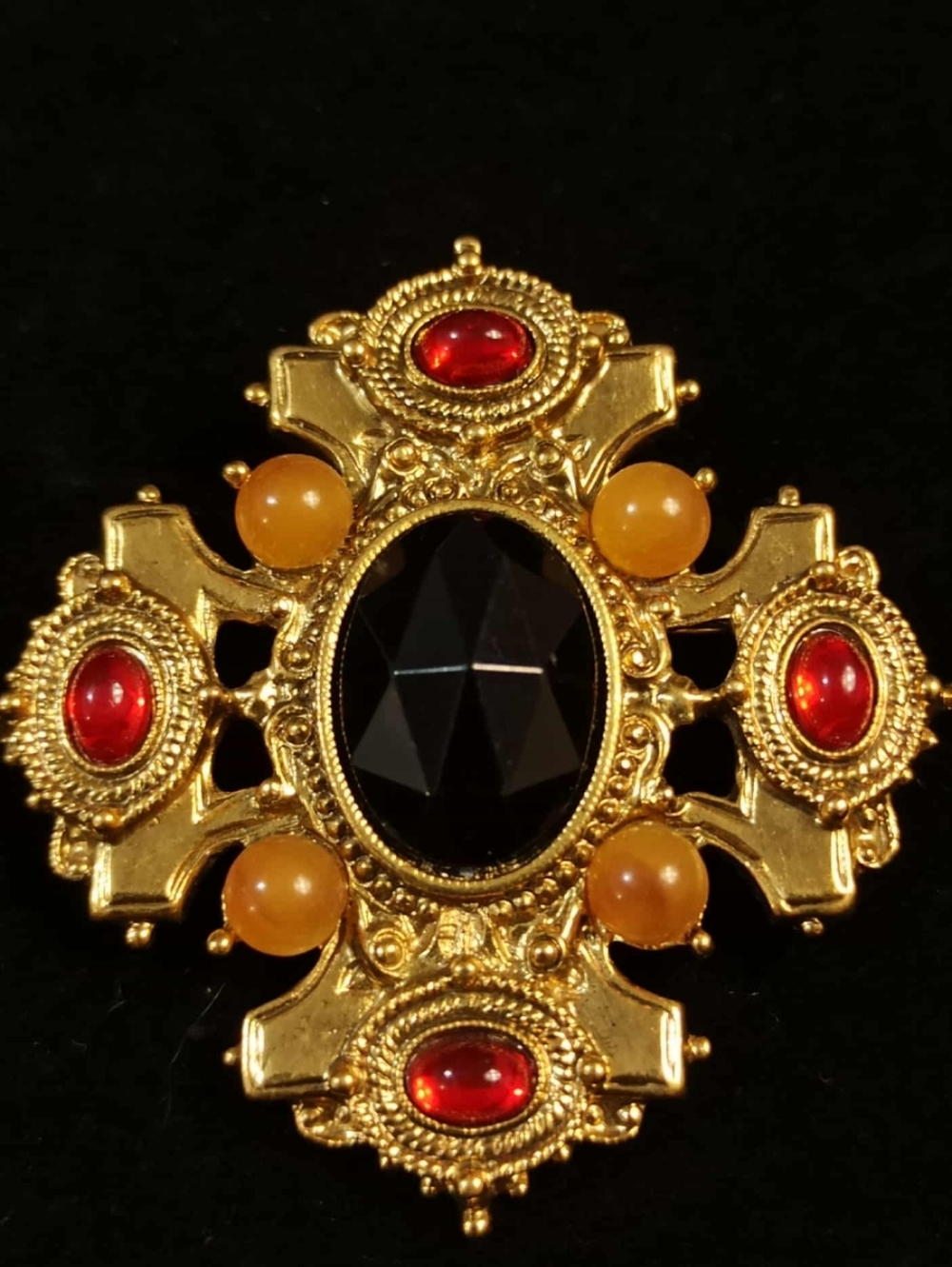 Vintage 80s Byzantine Cross Brooch Gold Tone Red Black Glass Statement Pin